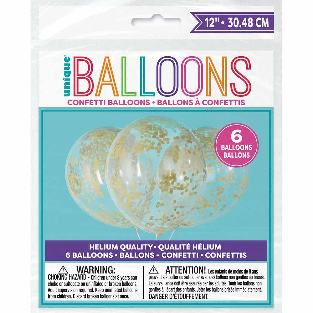 Clear Balloons with Gold Confetti 12", 6 pieces