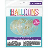 Clear Balloons with Gold Confetti 12", 6 pieces