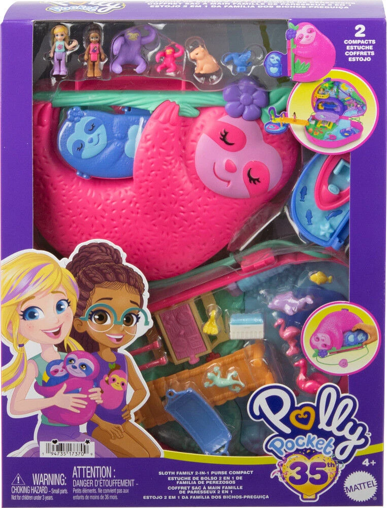 Polly Pocket Dolls and Playset, Travel Toys, Sloth Family 2-in-1 Purse Compact