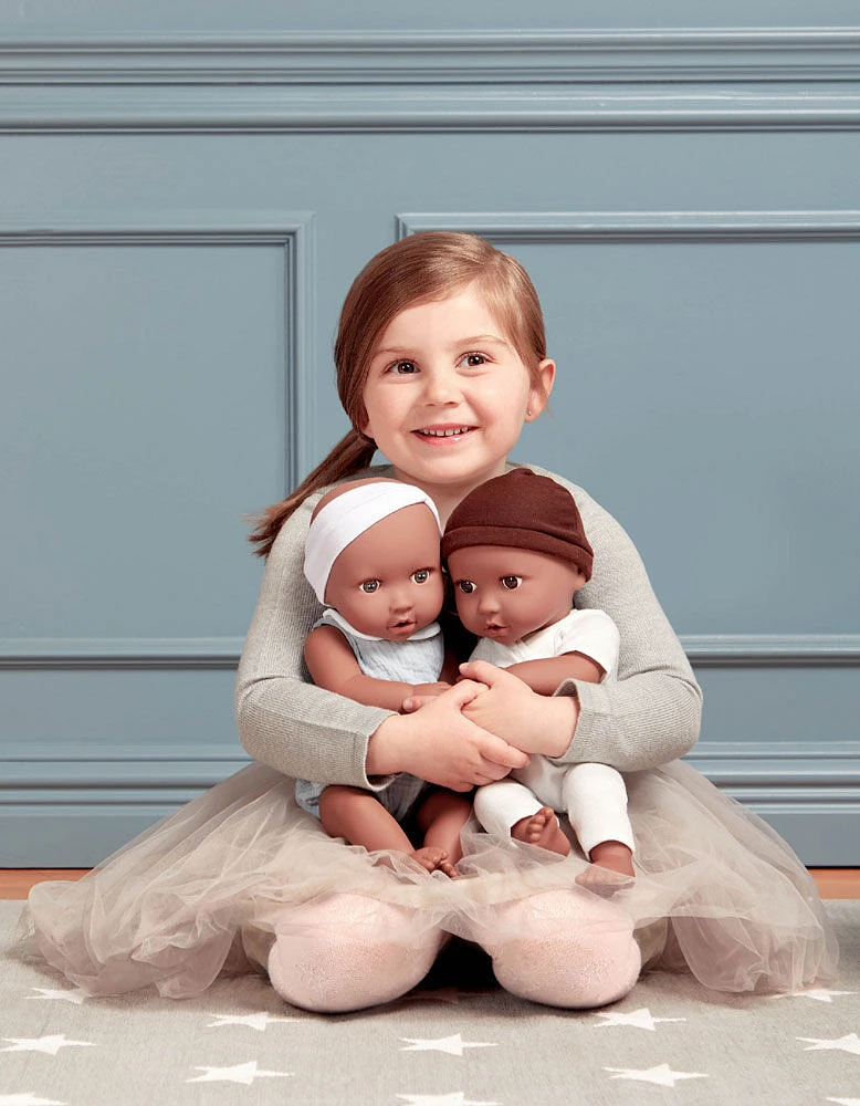 Babi Twin Dolls - Brown Eyes, Hat and White Headband 14-inch Baby Boy and Girl Doll Twins