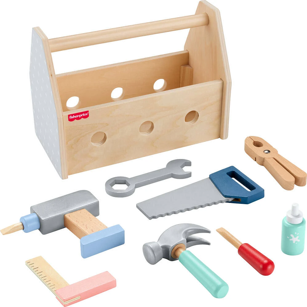 Fisher-Price Wooden Tool Box Set for Preschool Pretend Play, 9 Wood Pieces