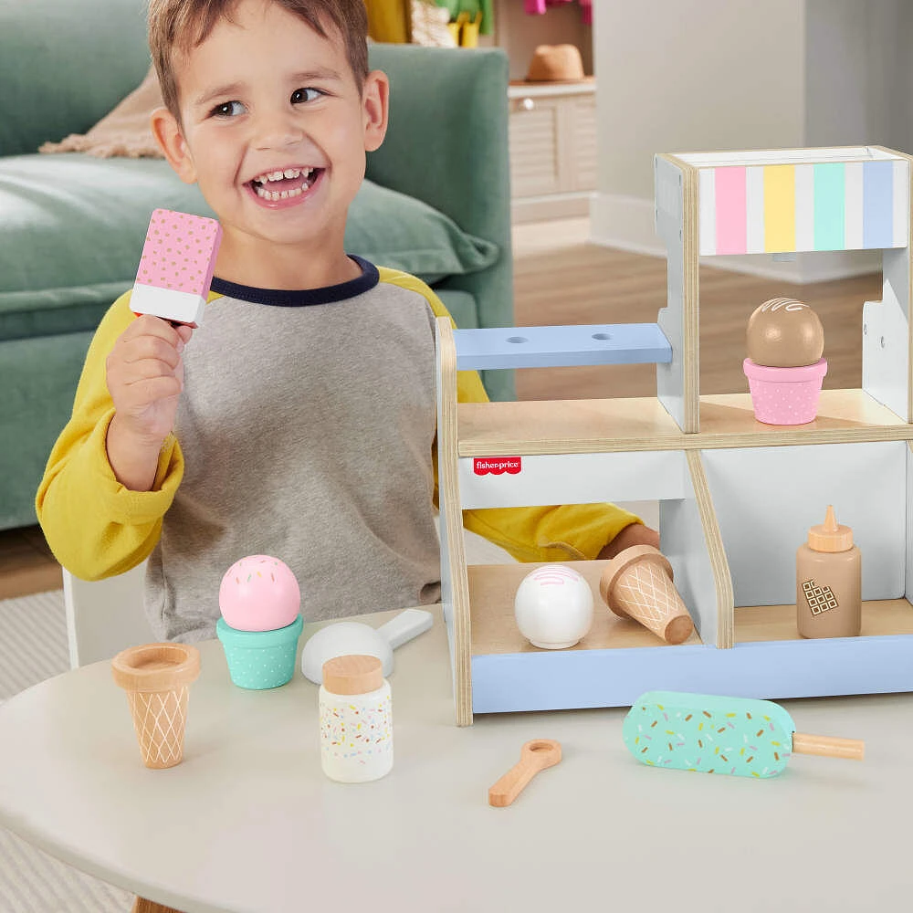 Fisher-Price Wooden Ice Cream Shop Set for Preschool Pretend Play, 18 Wood Pieces