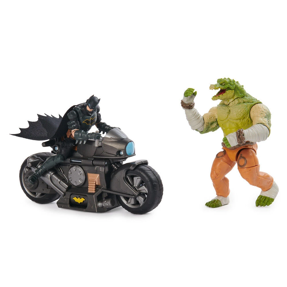 DC Comics, Batman Transforming Batcycle Battle Pack avec figurines articulées Killer Croc et Batman exclusives de 10 cm