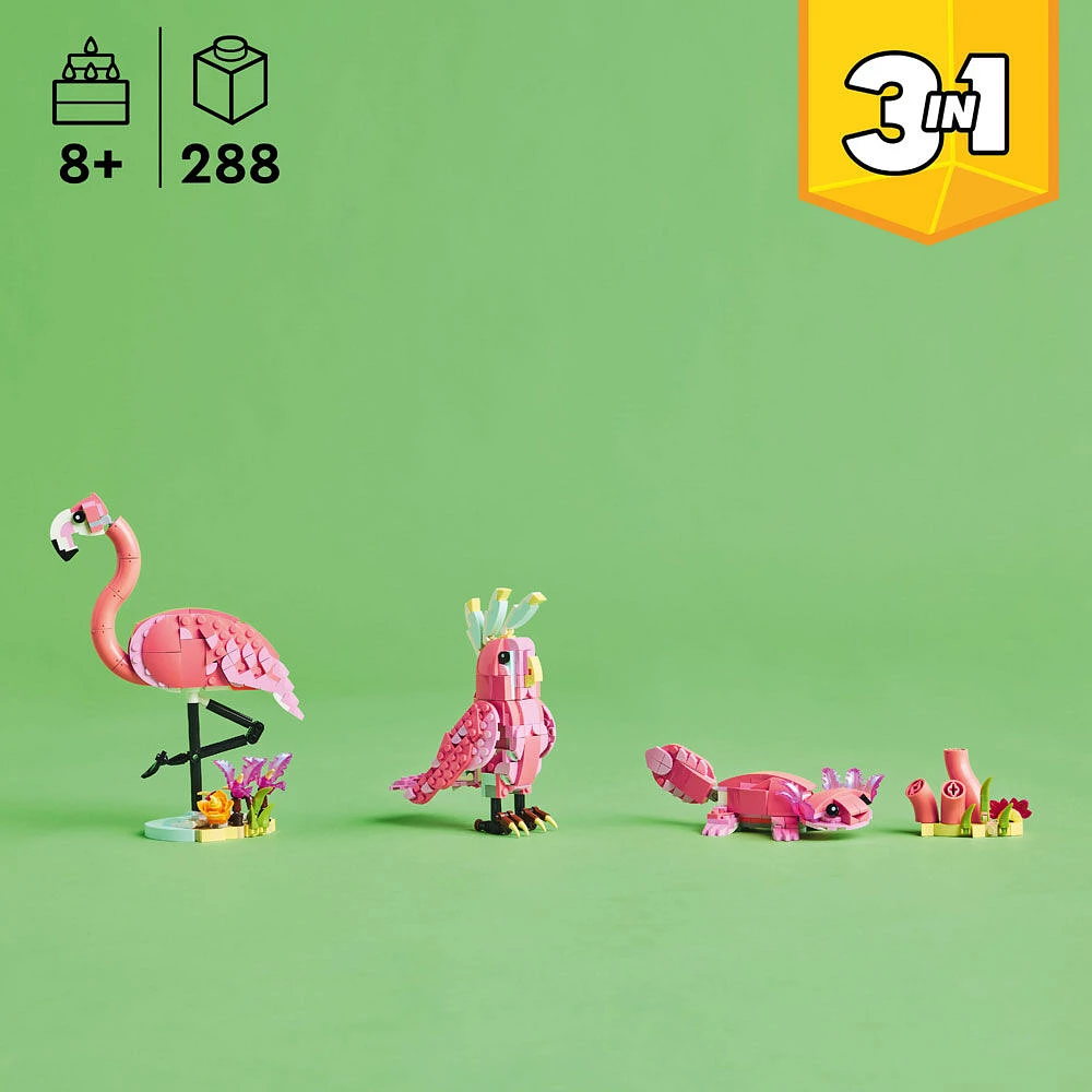 LEGO Creator Les animaux sauvages : Le flamant rose, Jouet d'animal, Se transforme en cacatoès ou en axolotl 31170