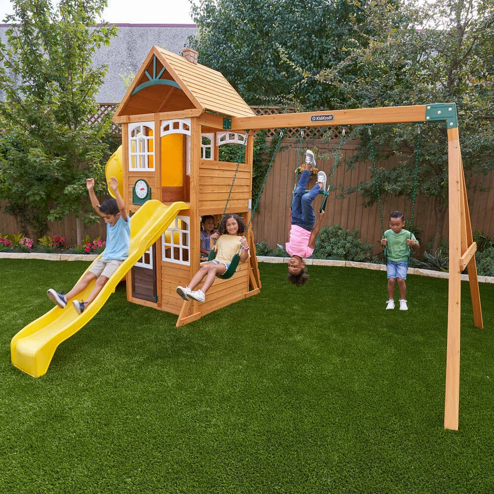 KidKraft - Castlewood Wooden Swing Set / Playset with Clubhouse, Mailbox, Slide and Play Kitchen - R Exclusive