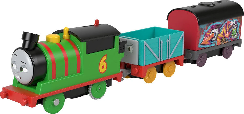 Thomas & Friends Graffiti Percy Motorized Toy Train Engine with Cargo Cars for Preschool Kids