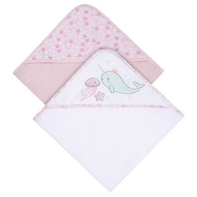 Koala Baby - Pink Narwhal Woven Hooded Towel - 2 Pack