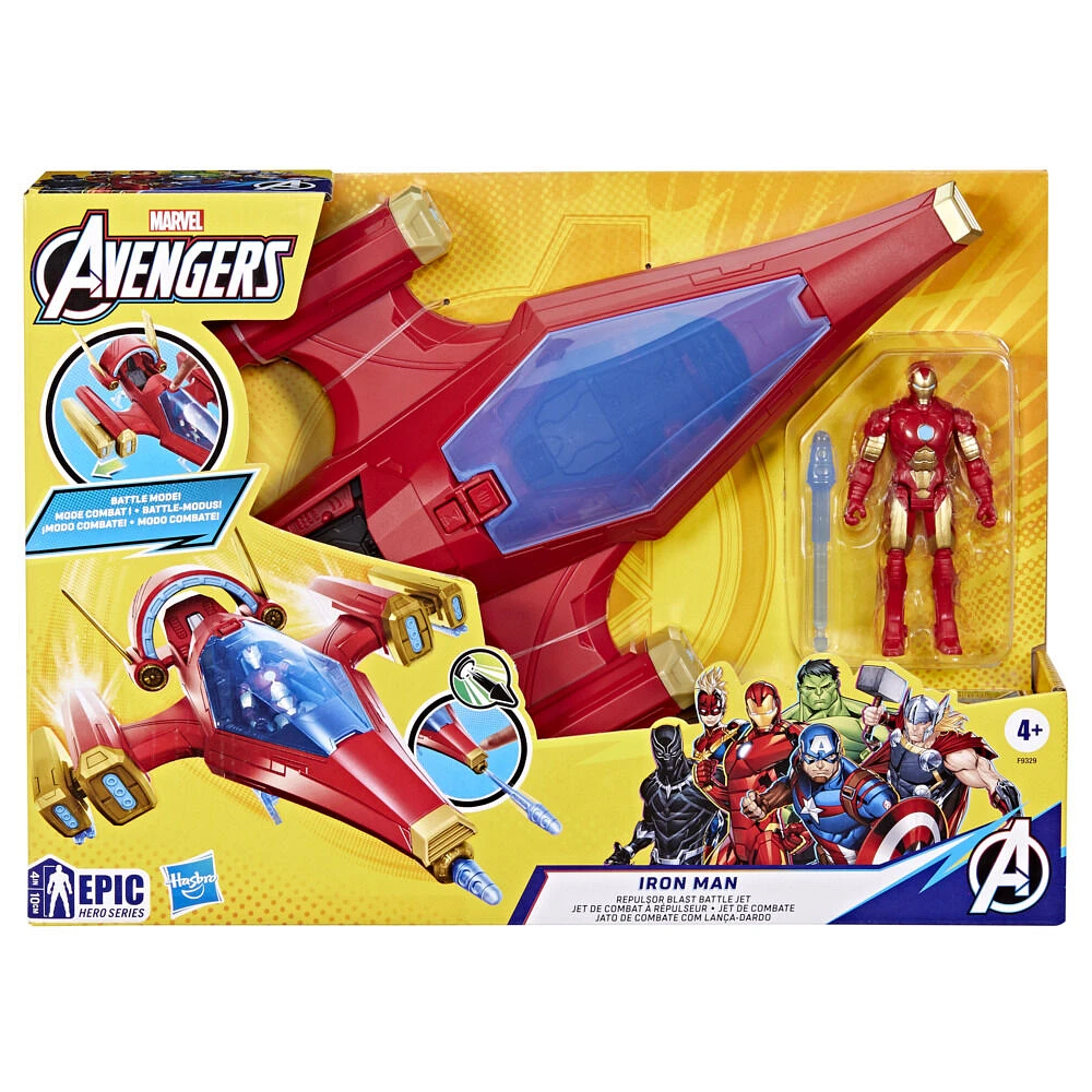 Avengers Epic Hero Series, Jet de combat à répulseur Iron Man, 10 cm, pack de figurine avec équipement