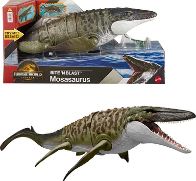 Jurassic World Rebirth Bite N Blast Mosasaurus Action Figure and Mini Dilophosaurus, Dinosaur Toy