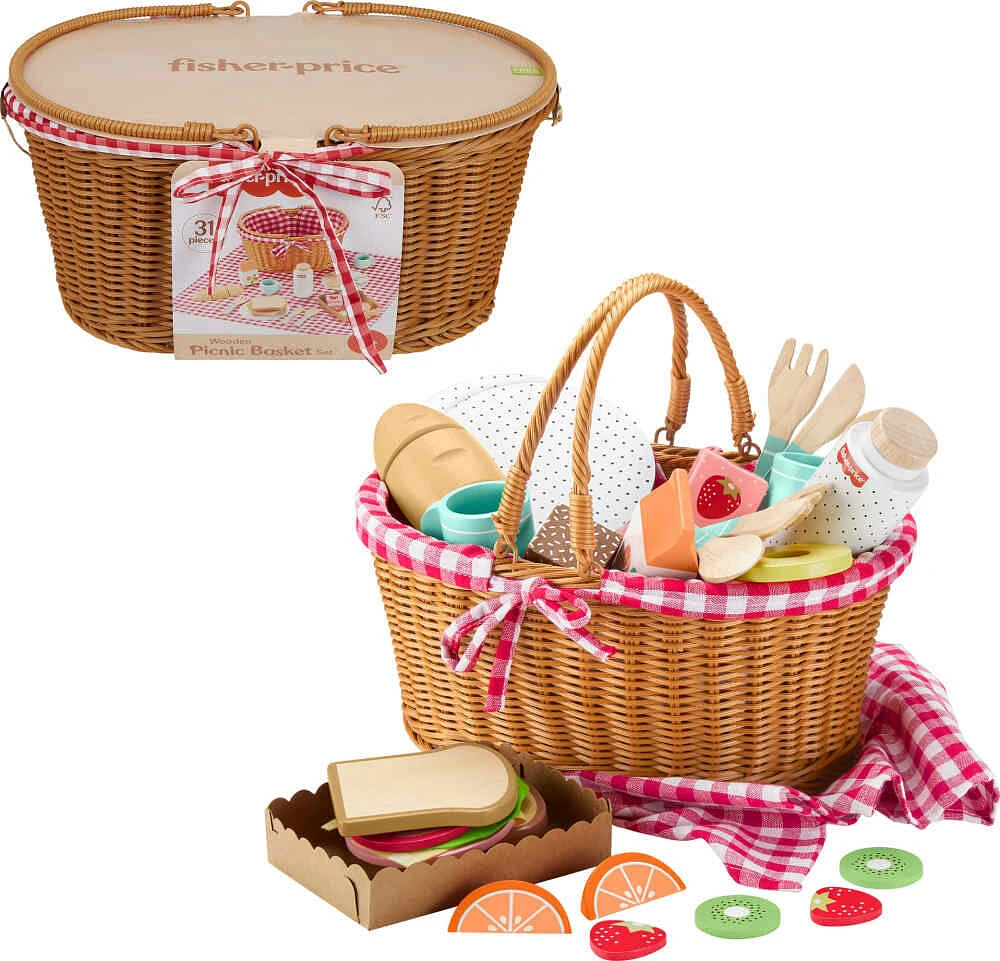 Fisher-Price Wooden Picnic Basket & Food Pretend Play Set for Preschool Kids, 31 Wood Pieces