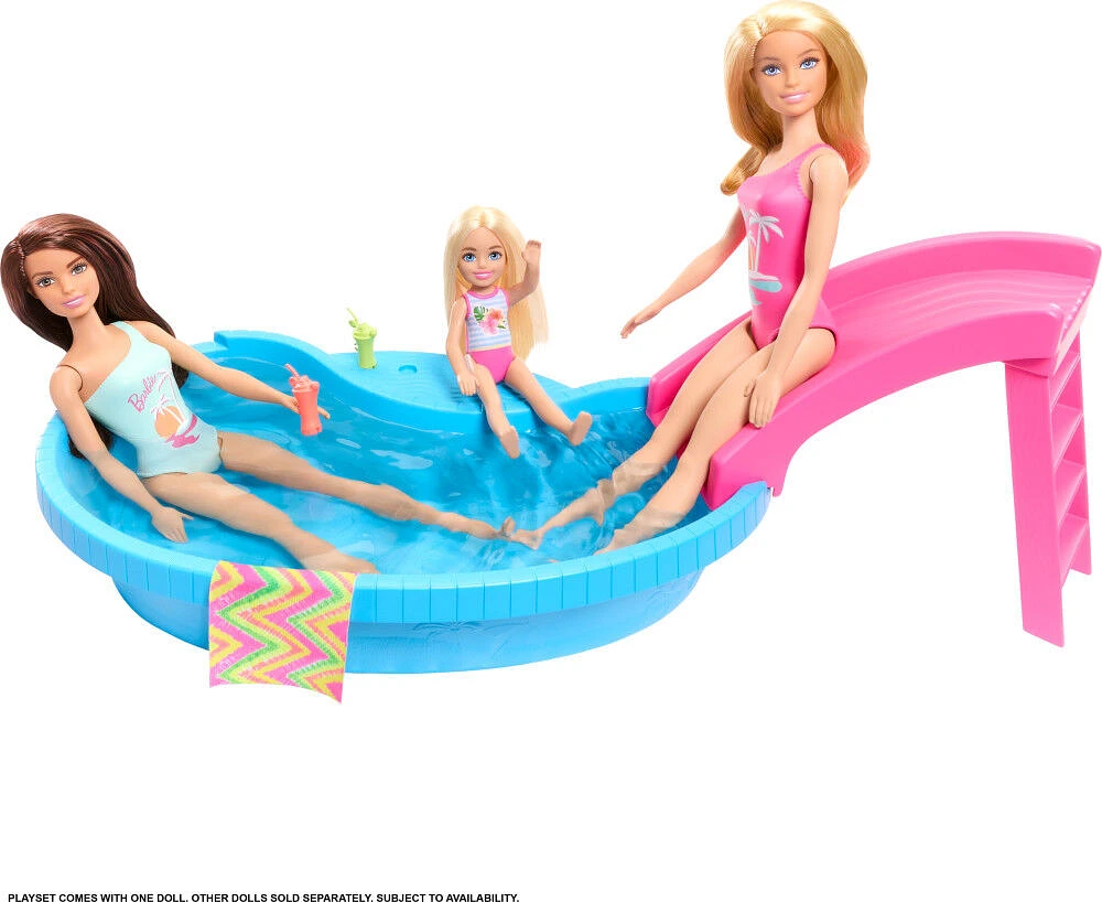 Barbie Coffret de jeu et poupée, blonde, piscine, serviette, boissons