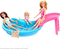 Barbie Coffret de jeu et poupée, blonde, piscine, serviette, boissons