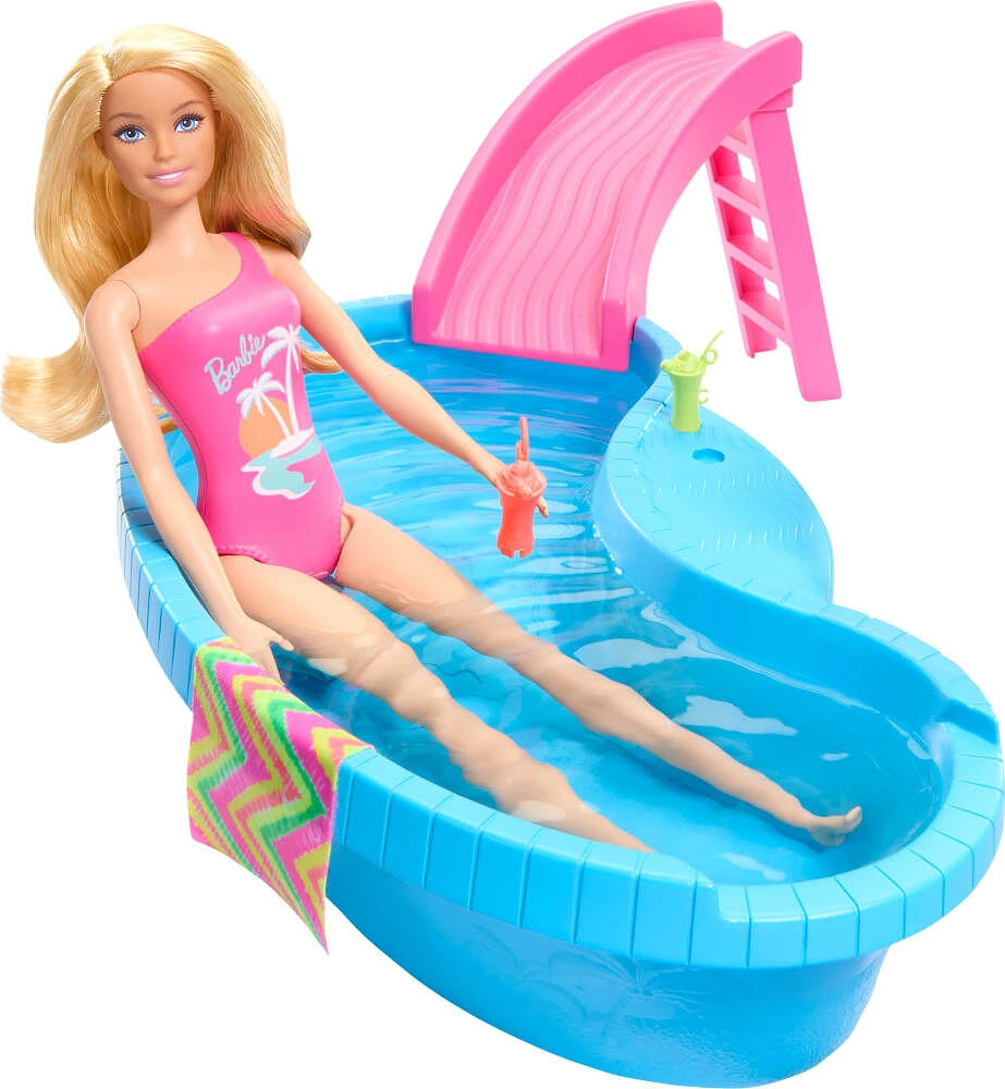 Barbie Coffret de jeu et poupée, blonde, piscine, serviette, boissons