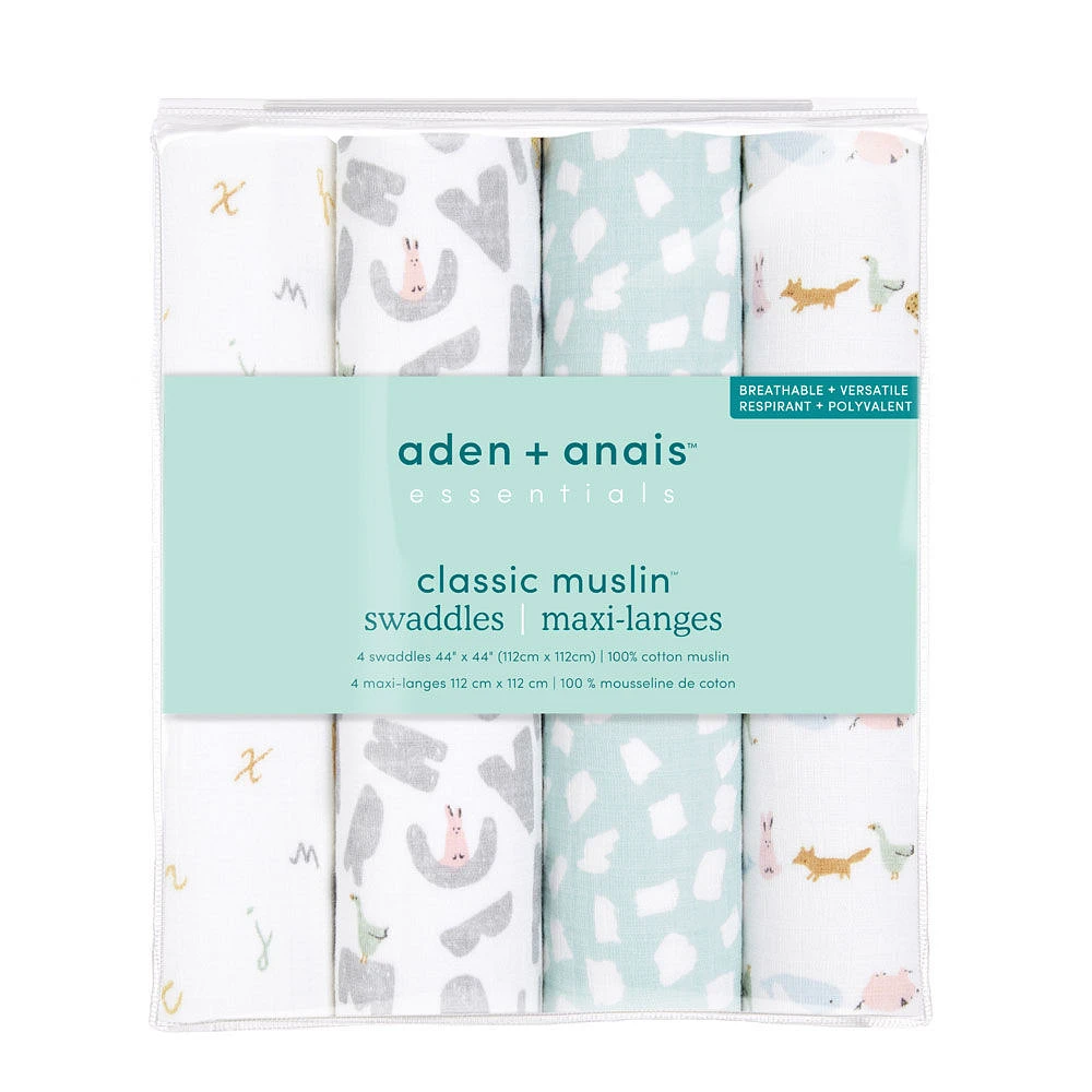 Couverture à Emmailloter en Mousseline de Coton Aden + Anais Essentials Alphabet Animals, Lot de 4