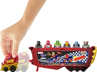Hot Wheels RacerVerse Marvel Hulkbuster Hauler, Stores Up to 10 Toy Cars, Detachable Cab with Flip-Up Helmet & Non-Removable Figure