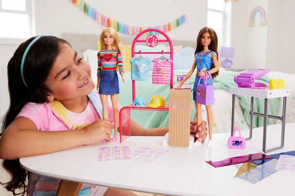 Barbie Make and Sell Boutique Playset with Brunette Doll, Foil Design Tools, Clothes and Accessories