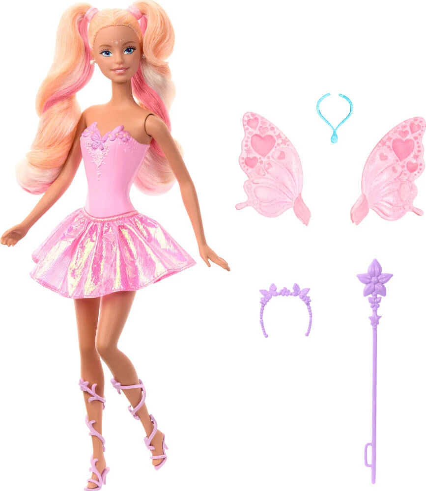 Barbie Fantaisie Poupée Fée, ailes et tenue à changement de couleur