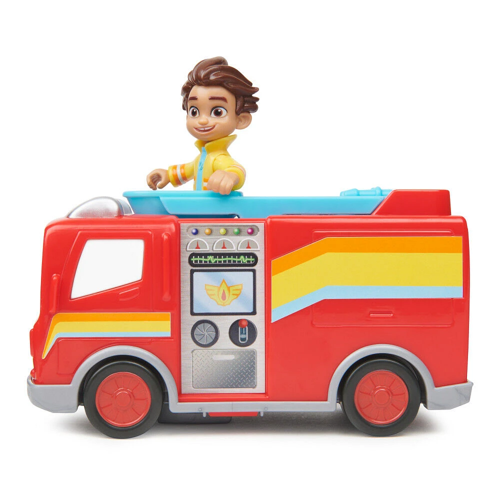 Disney Junior Firebuds, Bo et Flash, figurine articulée et véhicule camion de pompier avec mouvement des yeux interactif