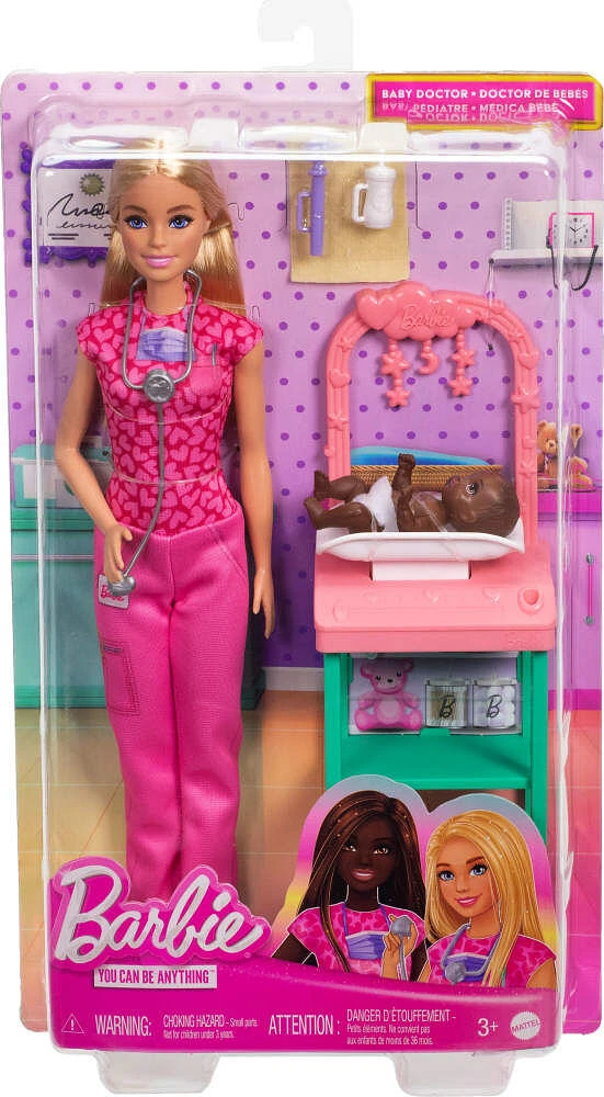 Barbie Baby Doctor Doll with Blonde Fashion Doll, 1 Baby Doll, Furniture & Accessories