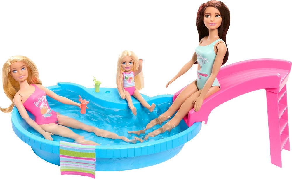 Barbie Coffret et poupée, brunette, piscine, serviette, boissons