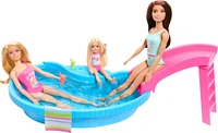 Barbie Coffret et poupée, brunette, piscine, serviette, boissons