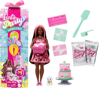 Barbie Party Unboxed Pet Birthday Series Doll & Accessories, Shimmerin' Hearts Set with 10 Surprises