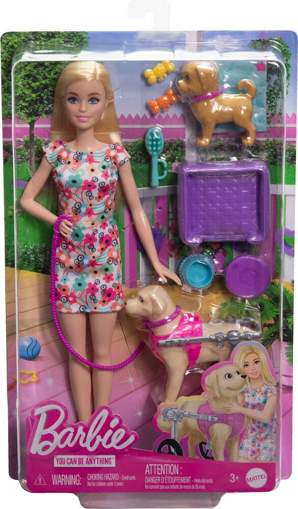 Barbie  Poupée, chiot et chien dans un fauteuil roulant, accessoire