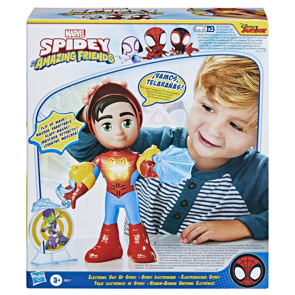 Marvel Spidey and His Amazing Friends Electronic Suit Up Spidey, 10-Inch Action Figure, Preschool Toys for Kids Ages 3 and Up