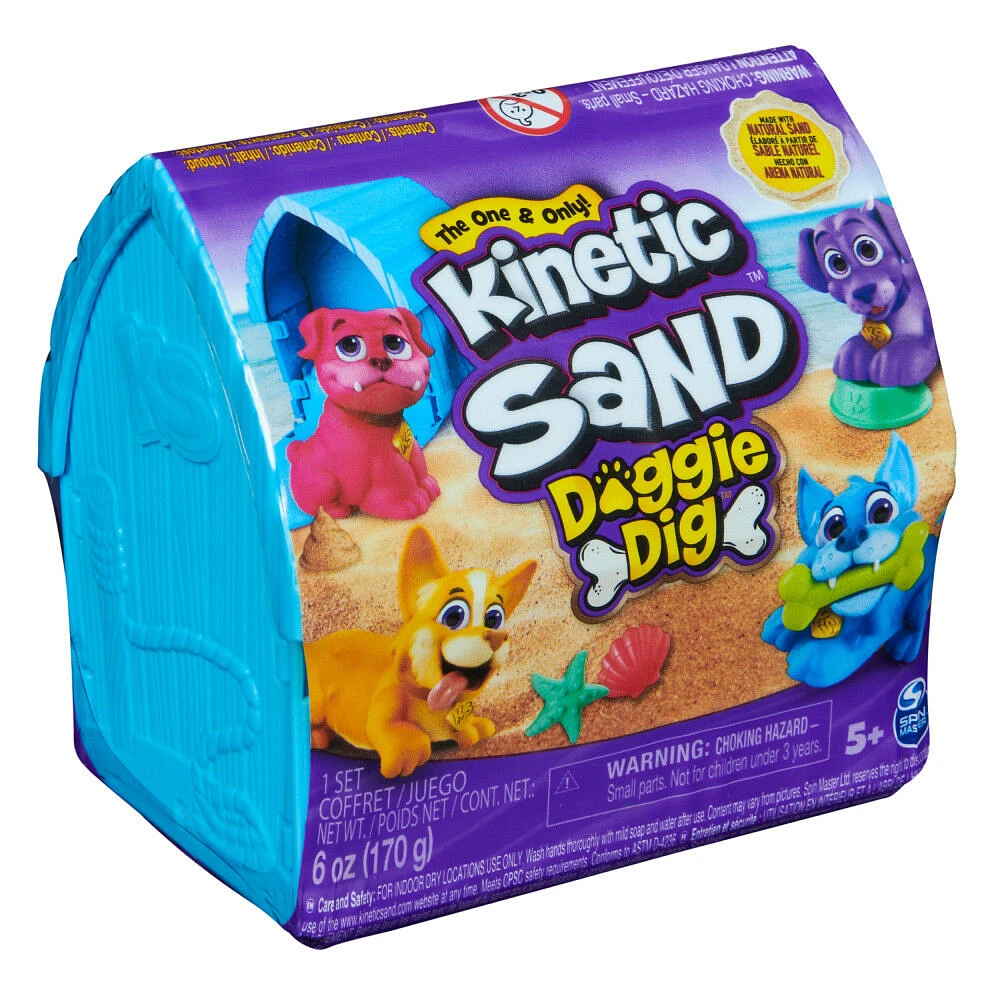 Kinetic Sand, Doggie Dig with Surprise Multipurpose Dog Tool, 6oz Beach Sand and Play Sand Storage (Styles May Vary), Sensory Toys