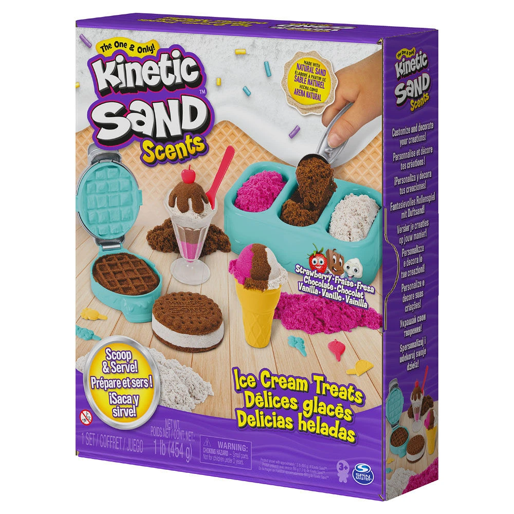 Kinetic Sand Scents, Coffret Ice Cream Treats contenant 3 couleurs de sable parfumé entièrement naturel et 6 outils de service