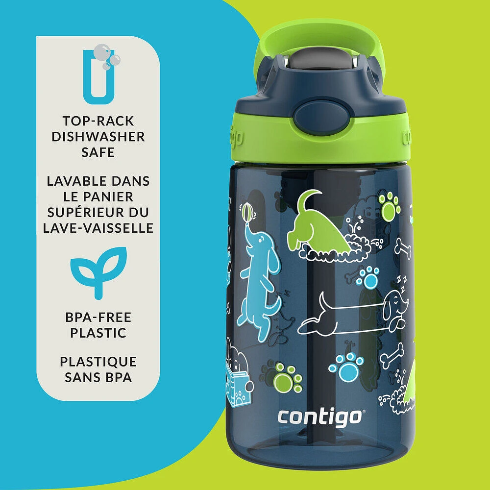 Bouteille d’eau antifuite et antidéversement pour enfants Contigo Aubrey avec paille, lime avec chiens, 414 ml