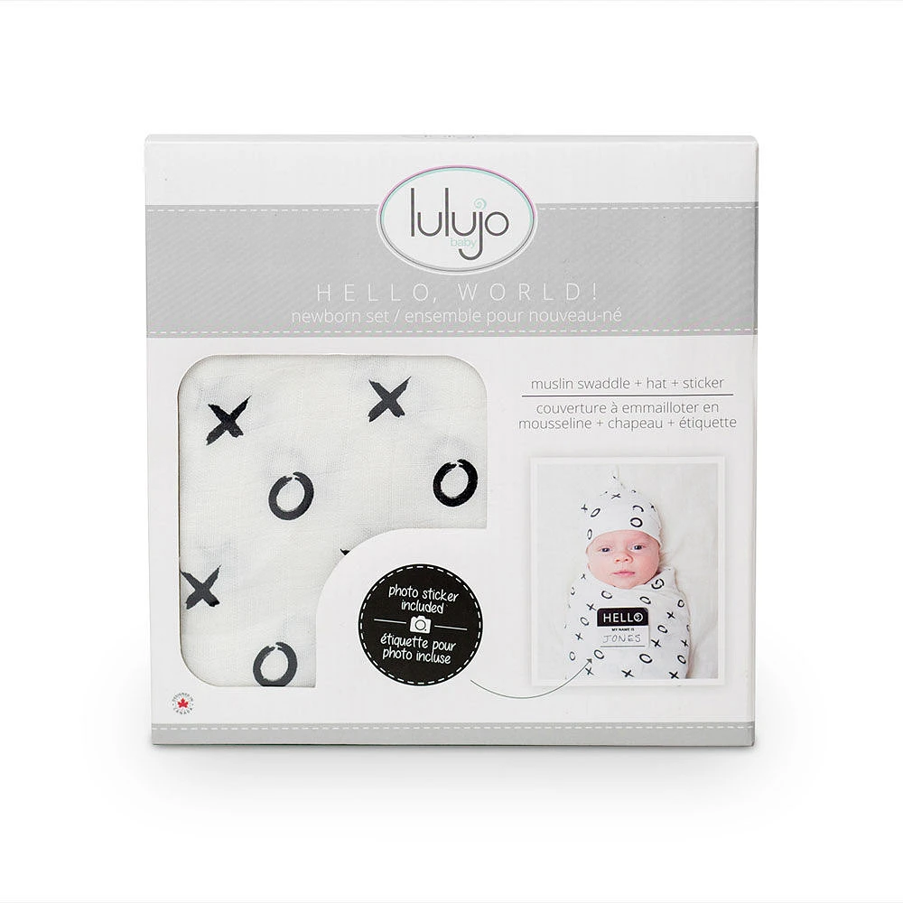 Lulujo Baby Hello World Newborn Bamboo Hat and Swaddle Blanket Set XO