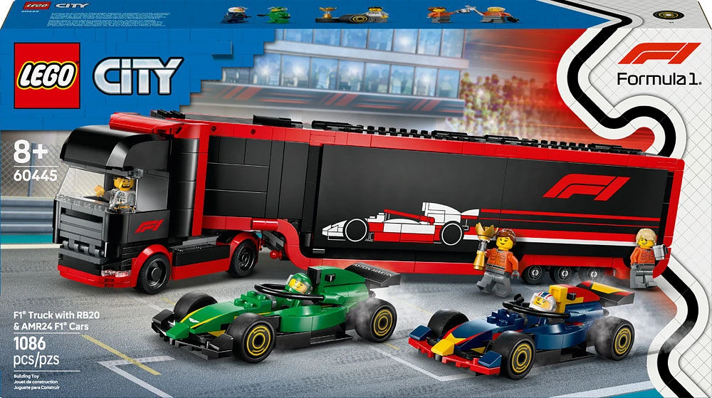 LEGO City Le camion de F1 avec les voitures de F1 RB20 et AMR24, ensemble de jeu de transporteur de véhicules de course 60445