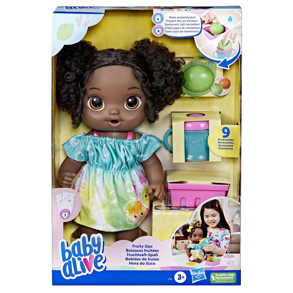 Baby Alive, coffret poupée Boissons fruitées, citron vert, 30 cm, boit et mouille sa couche, presse-agrumes factice, cheveux noirs