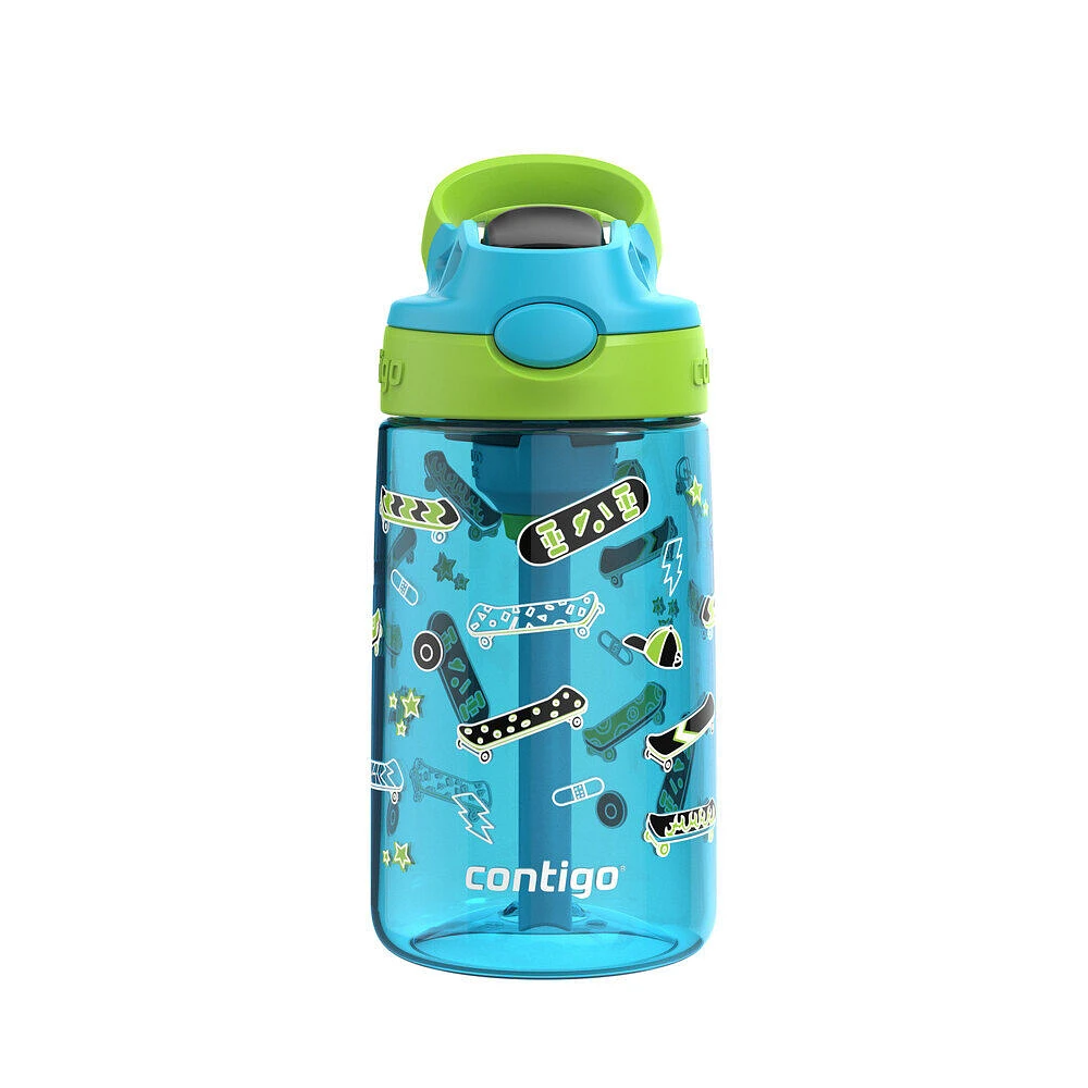 Bouteille d’eau antifuite et antidéversement pour enfants Contigo Aubrey avec paille, patineur lime framboise bleue, 414 ml