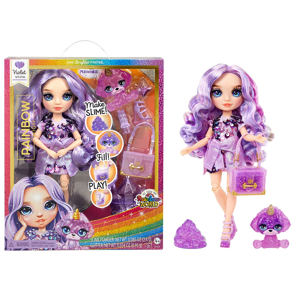 Rainbow High Violet (violette) avec nécessaire à gelée et animal - poupée scintillante violette de 11 po (28 cm)