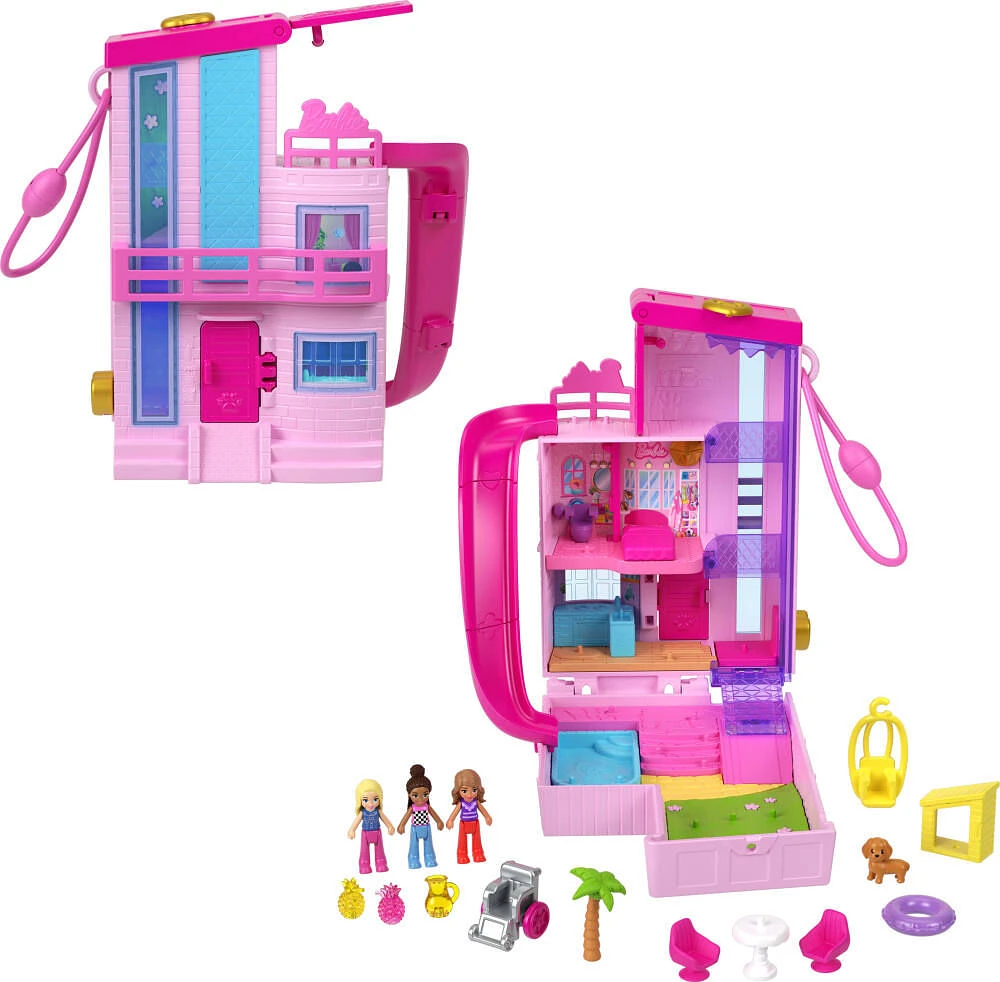 Polly Pocket Barbie Dreamhouse Compact, Dollhouse Playset with 3 Micro Dolls, 1 Pet & 11 Accessories