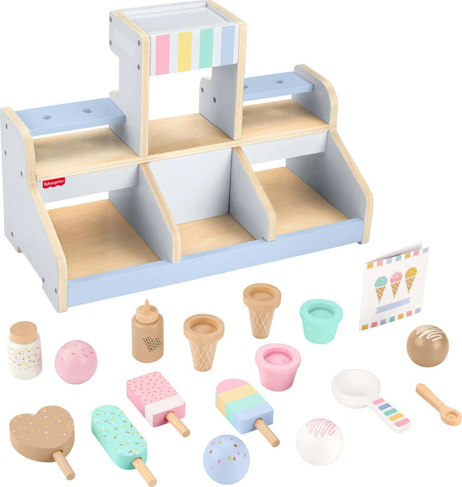 Fisher-Price Wooden Ice Cream Shop Set for Preschool Pretend Play, 18 Wood Pieces