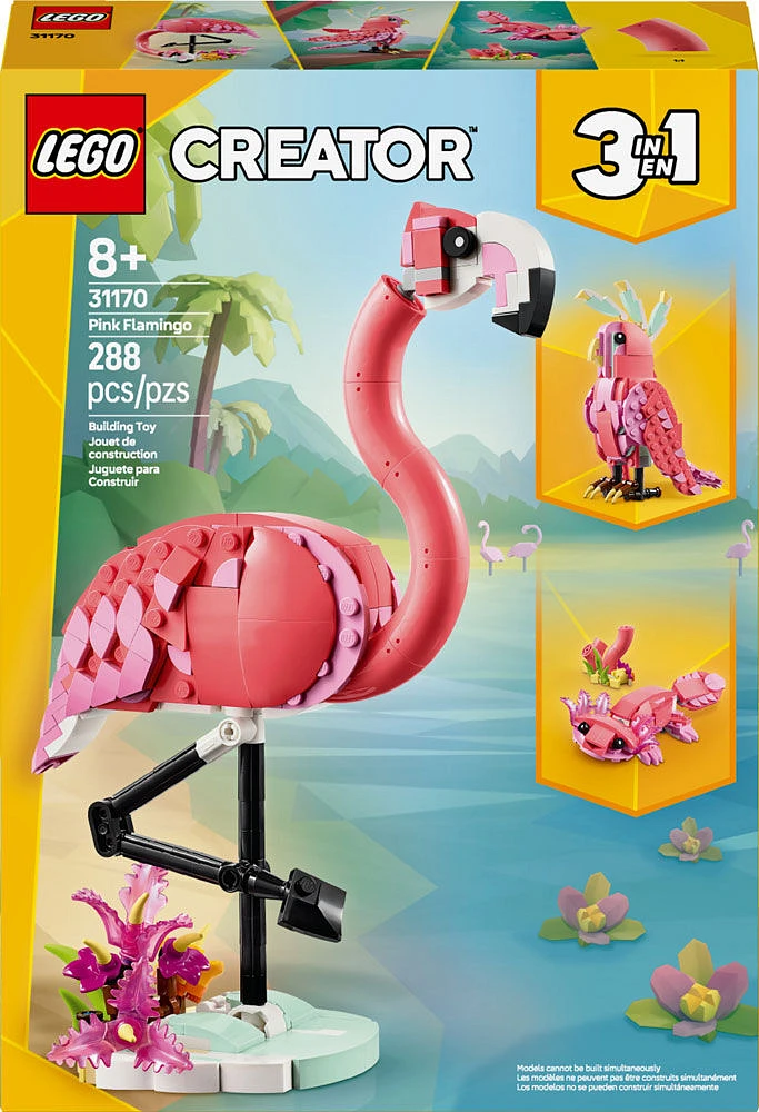 LEGO Creator Les animaux sauvages : Le flamant rose, Jouet d'animal, Se transforme en cacatoès ou en axolotl 31170