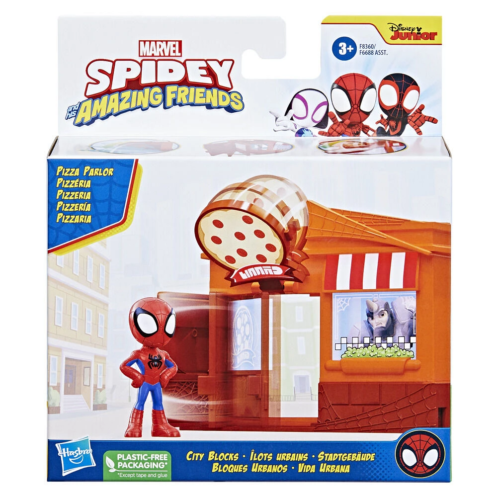 Marvel Spidey and His Amazing Friends City Blocks Spidey Pizza Parlor Kids Playset with Action Figure