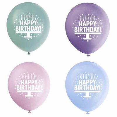 Pastel Bday Cake 12" Latex Balloons, 8 pieces - English Edition