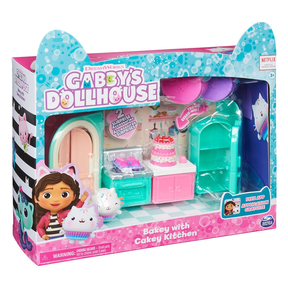 DreamWorks, Gabby's Dollhouse, Bakey with Cakey Kitchen avec figurine et 3 accessoires, 3 meubles et 2 boîtes surprises