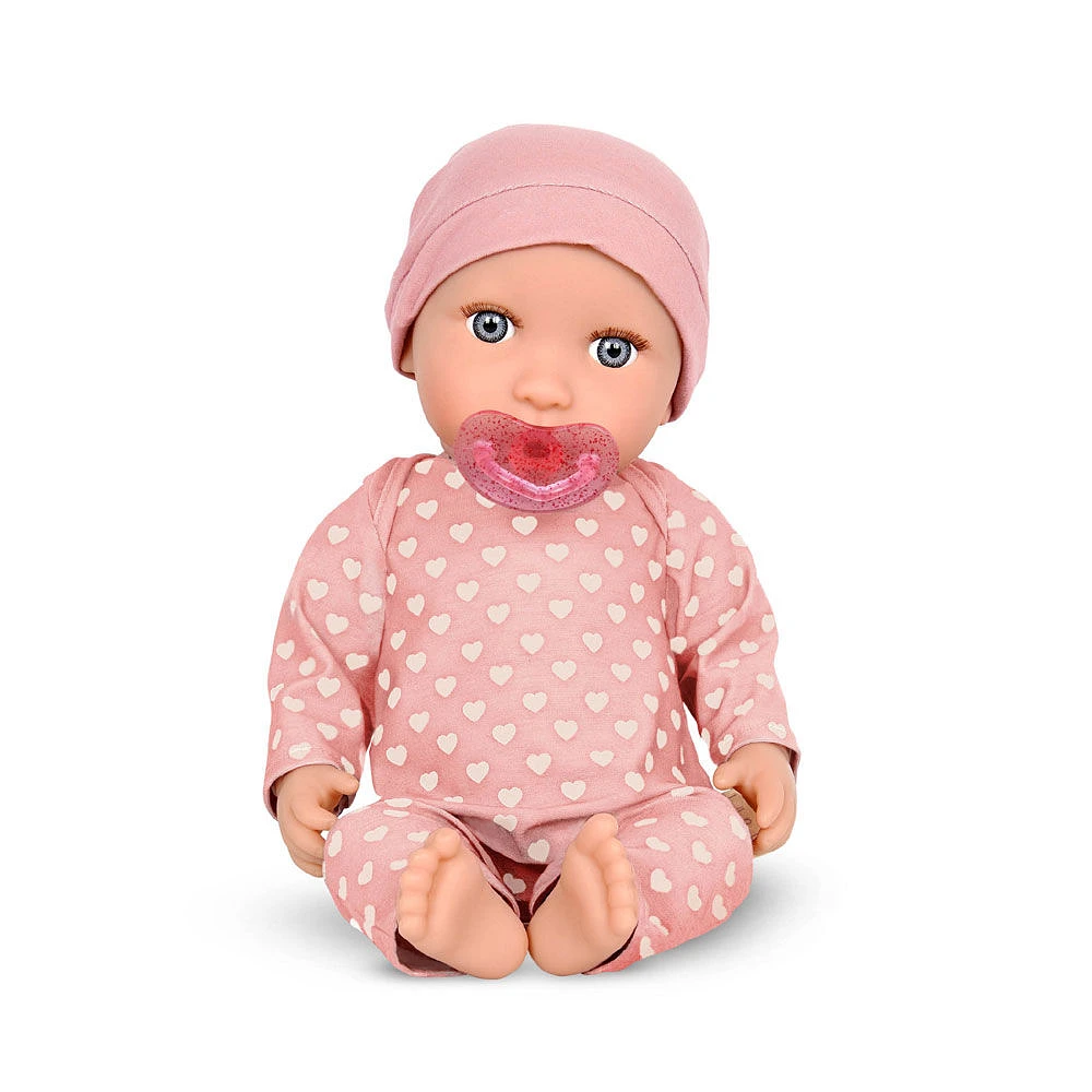 LullaBaby Poupée bébé - Yeux bleu-gris et chapeau rose Poupée bébé 36 cm avec pyjama rose aux motifs de coeur