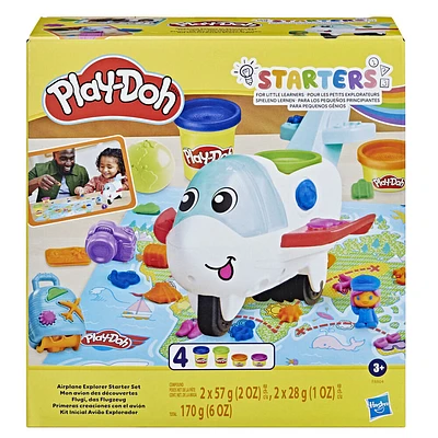 Play-Doh, coffret Starter Mon avion des découvertes, jouets préscolaires pour filles et garçons avec avion, tapis d'activité carte du monde, 3 accessoires et 4 couleurs de pâte à modeler