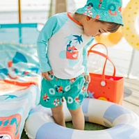 BLUE SWIM SHORTS WITH FLAMINGO ALL OVER PRINT, BABY