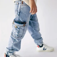 REGULAR-FIT PANTS WITH CARGO POCKETS LIGHT BLUE STRETCH DENIM, CHILD