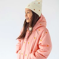 PINK HOODED PUFFER COAT WITH EMBROIDERY, CHILD