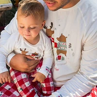 CREAM AND RED TWO PIECE PAJAMAS JERSEY WITH HOLIDAY ALL OVER PRINT PLAID