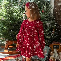 RED DRESS WITH RUFFLE AND REINDEER ALL OVER PRINT VISCOSE, CHILD