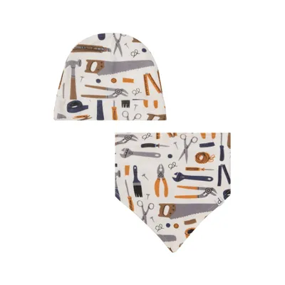 Organic Cotton Printed Hat & Bib Set Off White Tools